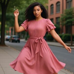 70s BOSTON MAID PINK DANCING DRESS W MICRO PLEAT BODICE & CIRCLE SKIRT SZ 8